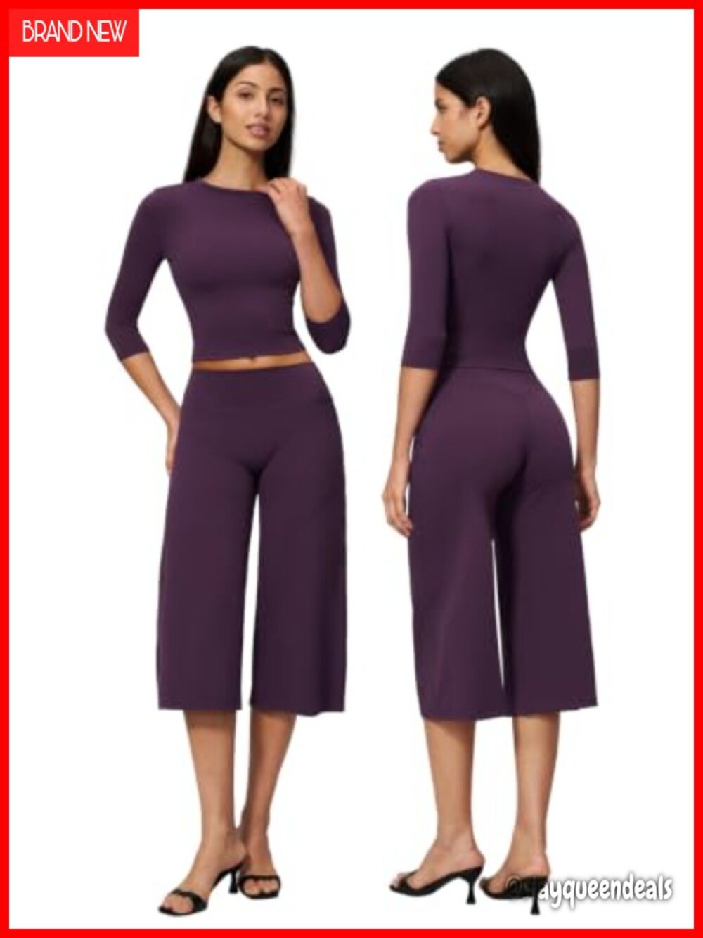 Women's Two Piece Workout Set 3/4 Sleeve Top Wide Leg Capri Pants Gym